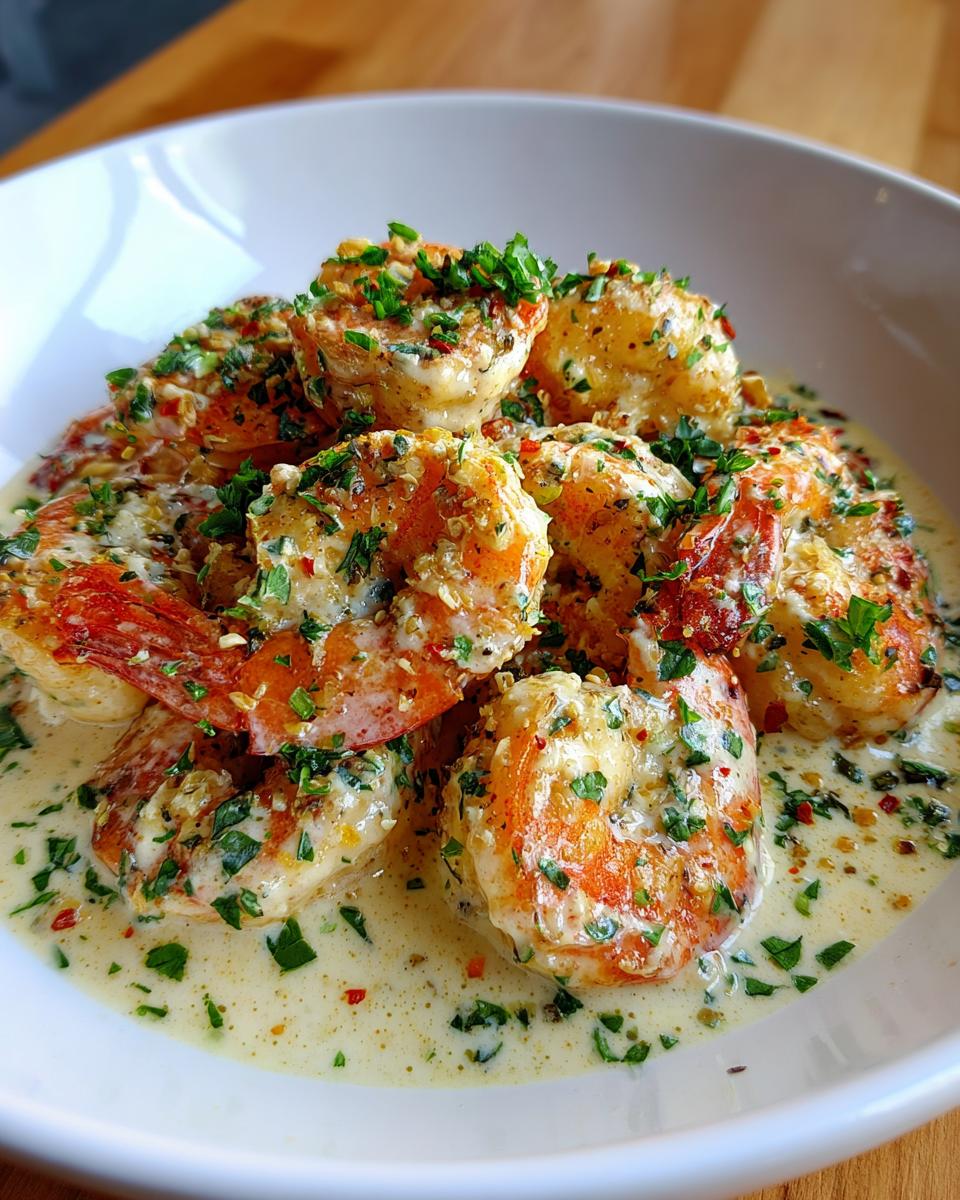 Plump shrimp coated in a rich, creamy garlic butter sauce and topped with fresh parsley, showcasing the easy creamy garlic butter shrimp.