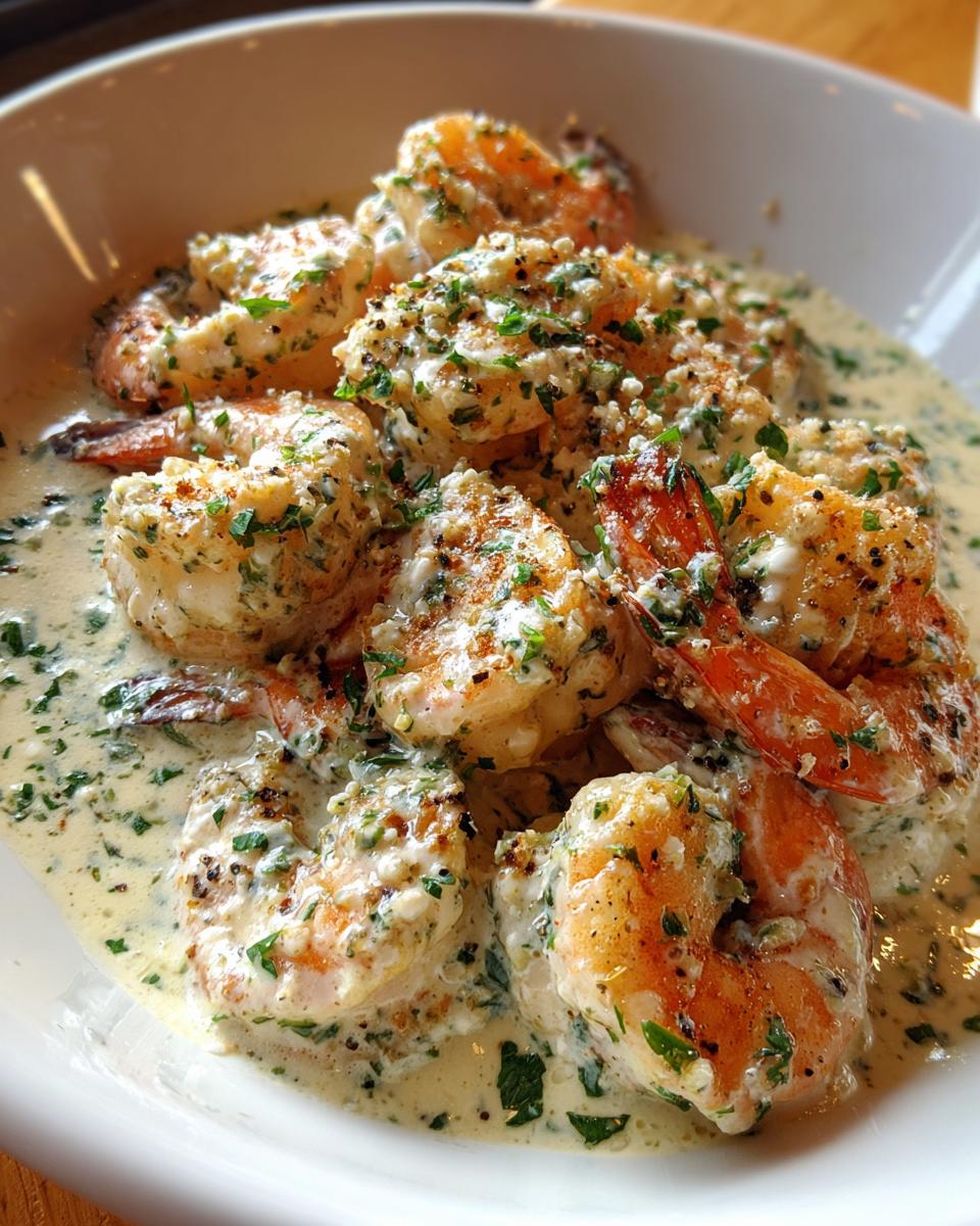 A close-up shot of plump shrimp coated in a rich, creamy garlic butter sauce, garnished with fresh parsley.