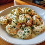 Close-up of plump shrimp coated in a rich, creamy garlic butter sauce and sprinkled with fresh parsley.
