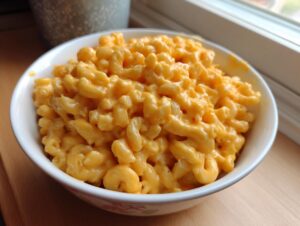 A close-up of a white bowl filled with creamy, bright orange easy homemade mac and cheese.