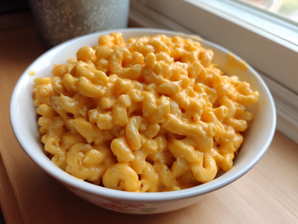 A close-up of a white bowl filled with creamy, bright orange easy homemade mac and cheese.