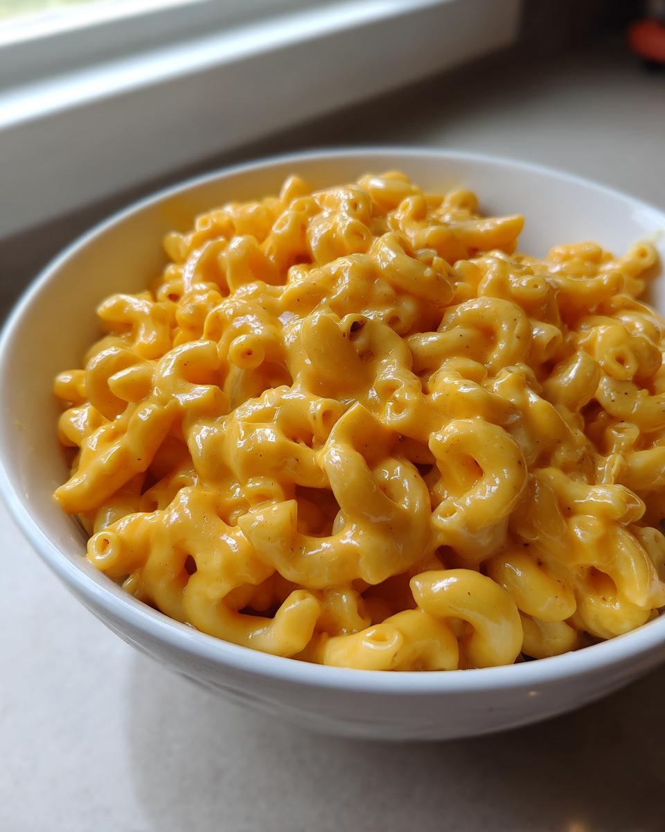A close-up view of a white bowl filled with rich, bright orange extra creamy classic mac and cheese.