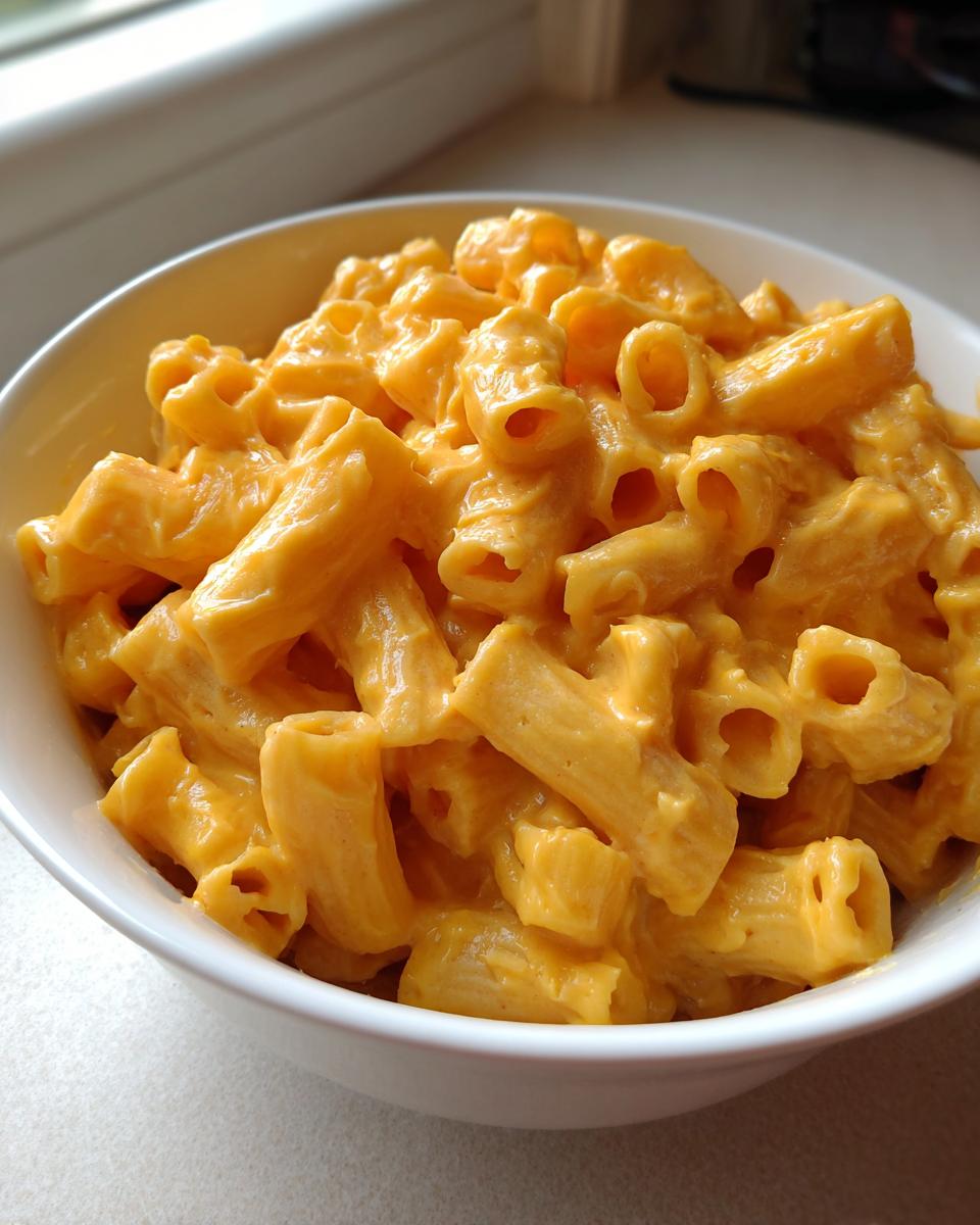 Close-up of a white bowl filled with thick, rich, extra creamy classic mac and cheese made with rigatoni pasta.