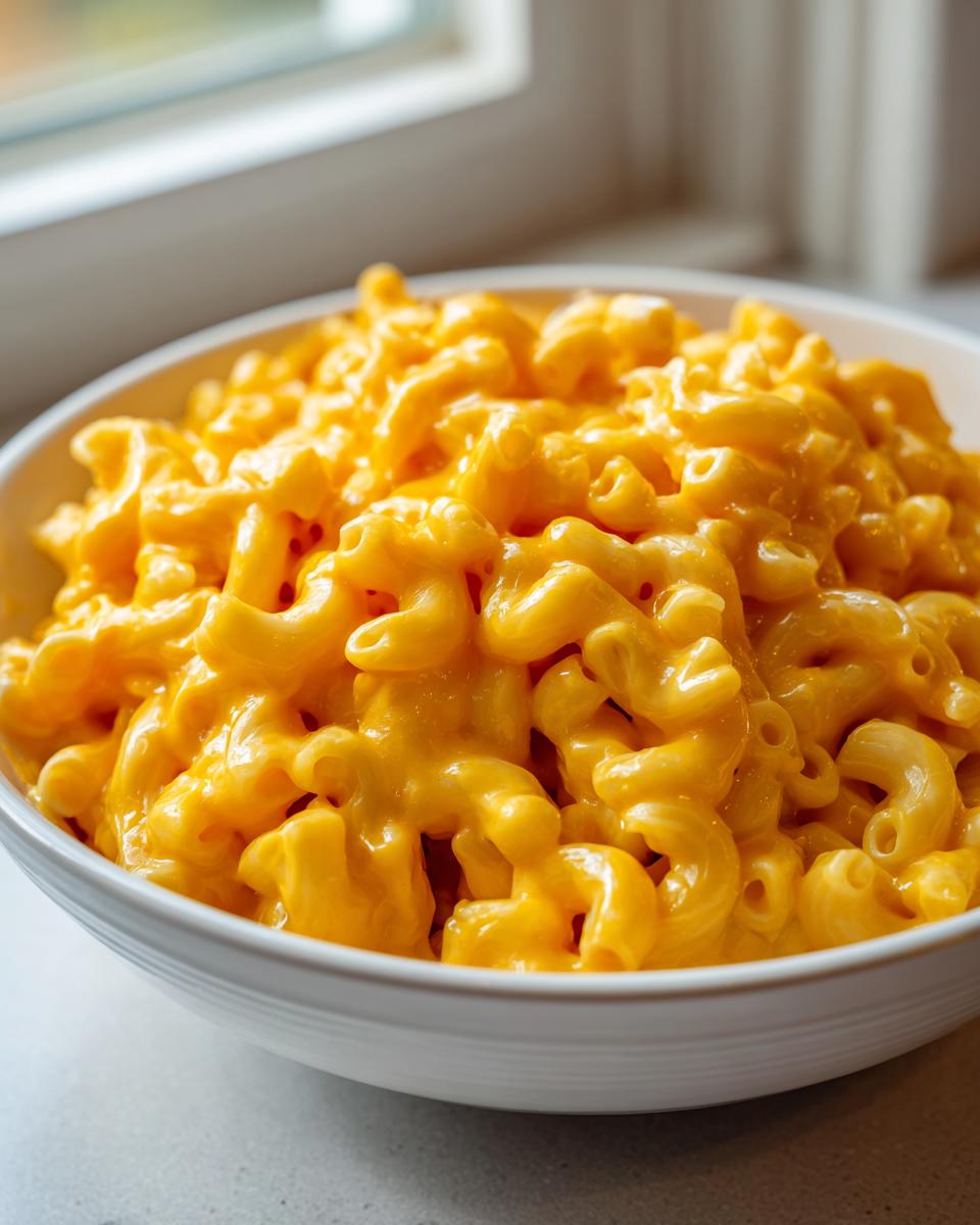 A close-up of a white bowl overflowing with rich, bright orange extra creamy classic mac and cheese.