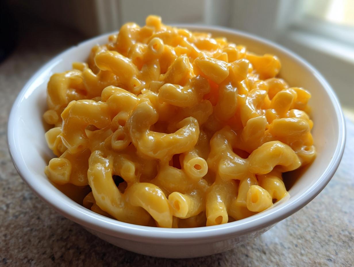 Close-up of a white bowl filled with rich, glossy extra creamy classic mac and cheese.