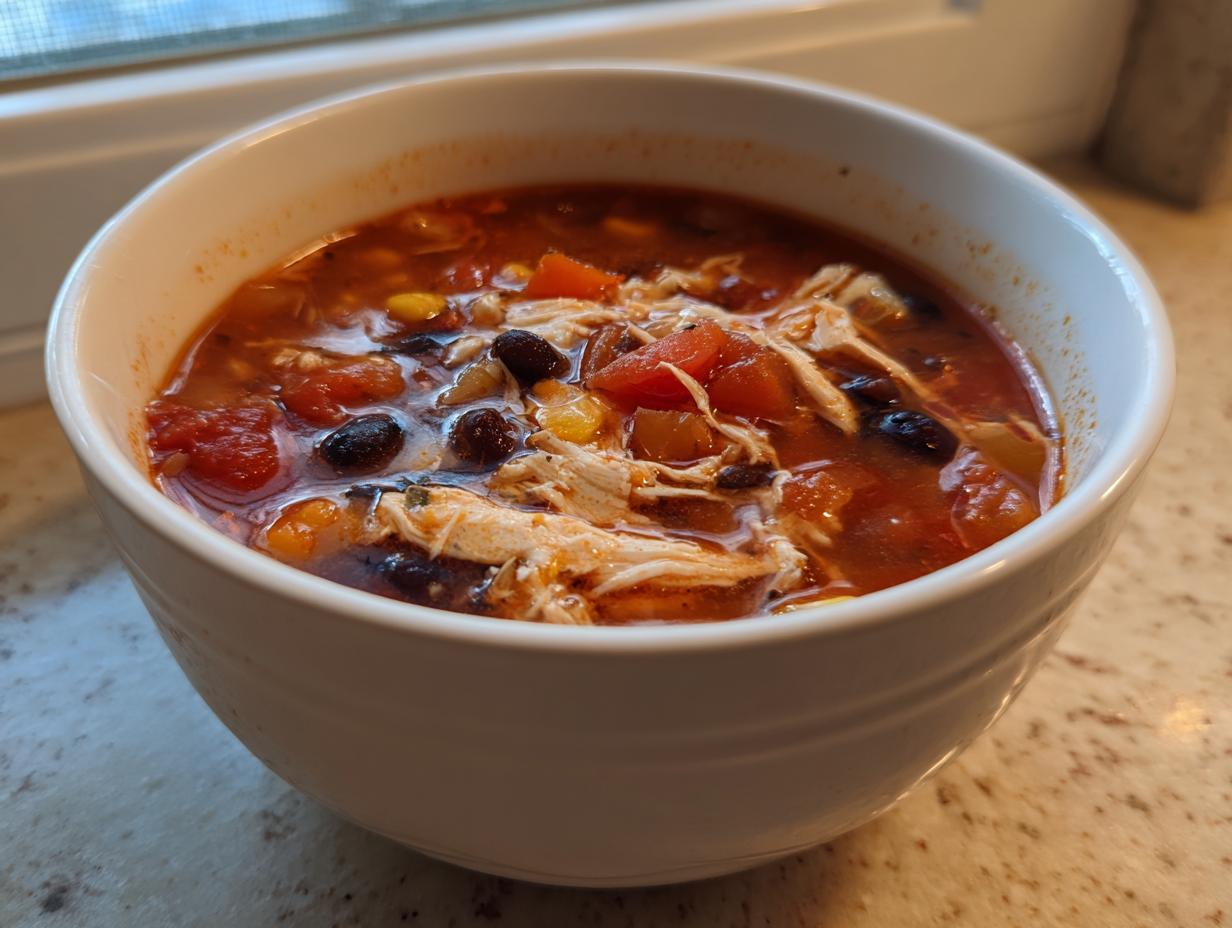 Close-up of a white bowl filled with rich, red chicken taco soup featuring shredded chicken, black beans, and corn.