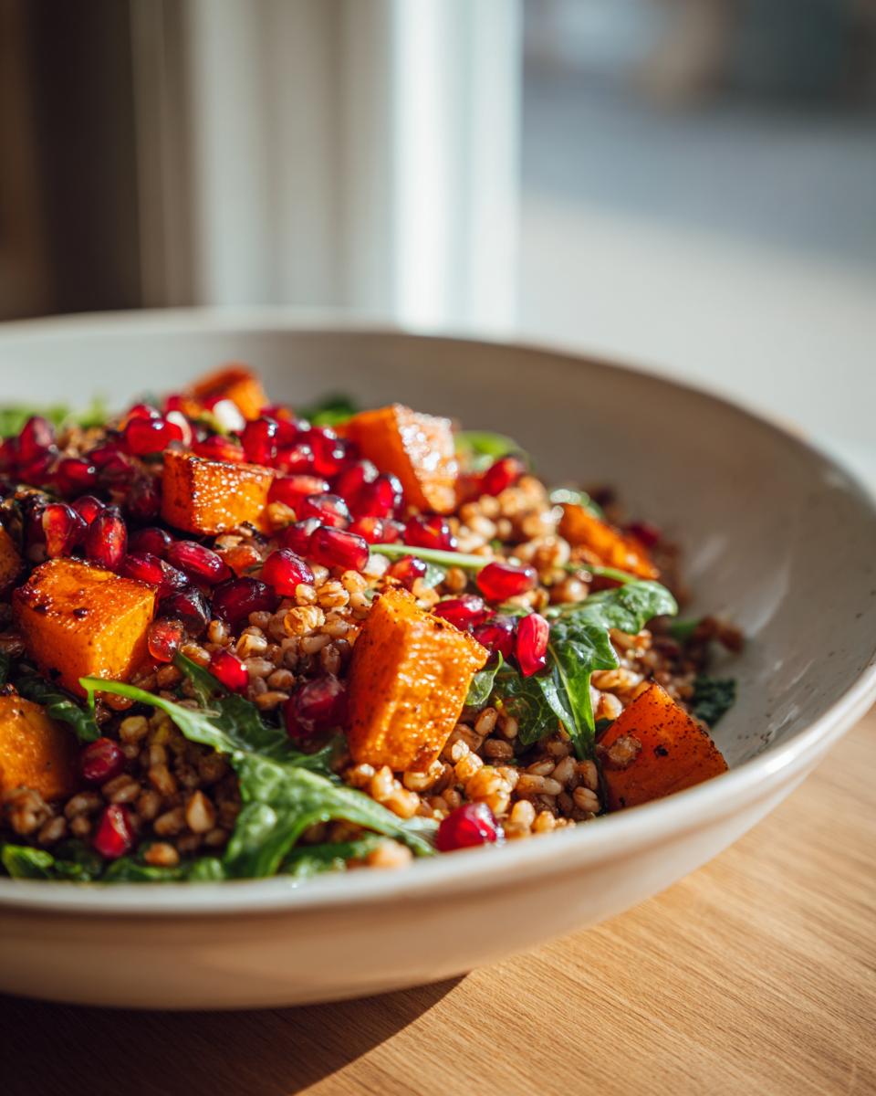 A close-up view of a vibrant festive farro salad featuring roasted squash, dark greens, and bright red pomegranate seeds.