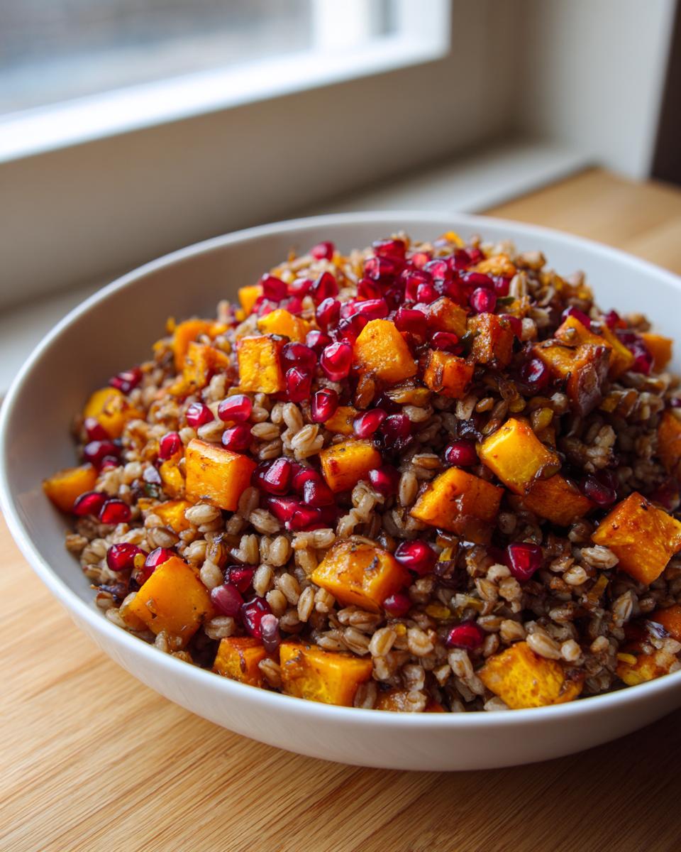 Close-up of a white bowl filled with festive farro salad, featuring roasted squash cubes and bright red pomegranate seeds.