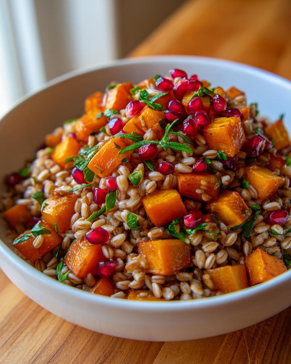 A close-up of a bowl filled with festive farro salad featuring roasted orange squash cubes and bright red pomegranate seeds.