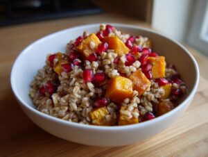 A close-up of a white bowl filled with festive farro salad, featuring cooked farro, roasted orange squash cubes, and bright red pomegranate seeds.