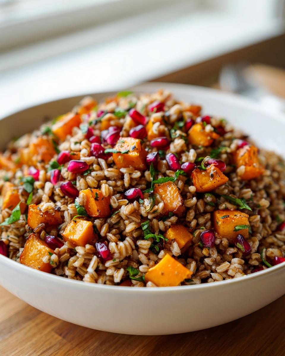 A close-up of a white bowl filled with festive farro salad featuring roasted squash cubes and bright red pomegranate seeds.