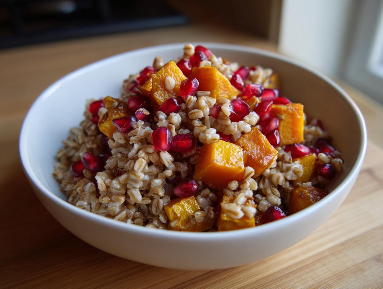 A close-up of a white bowl filled with festive farro salad, featuring cooked farro, roasted orange squash cubes, and bright red pomegranate seeds.
