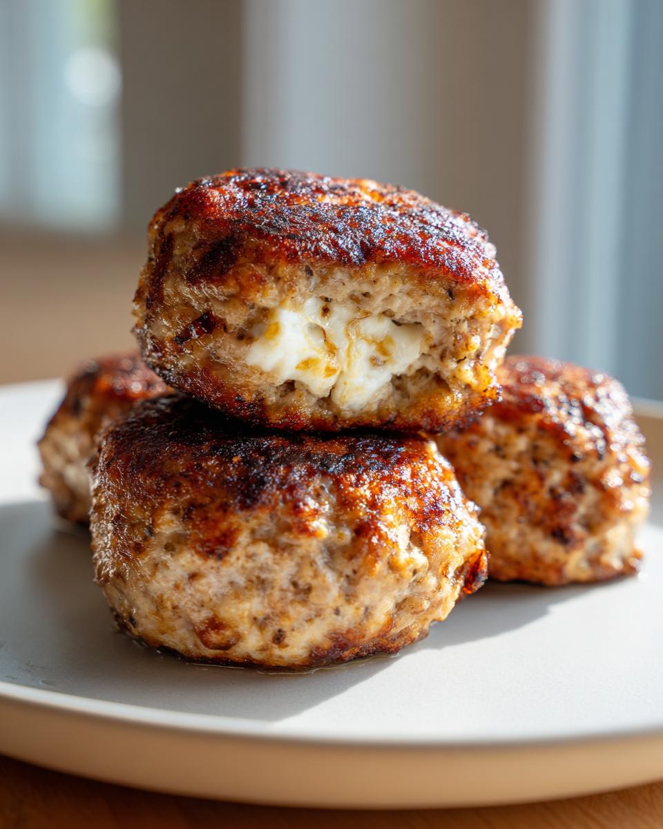 Close-up of perfectly seared feta stuffed greek chicken meatballs stacked on a plate, showing the melted feta center.