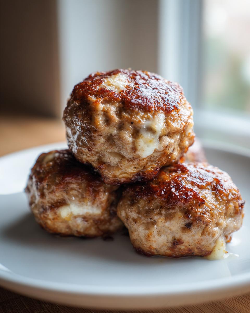 Close-up of golden brown feta stuffed greek chicken meatballs stacked on a white plate, showing melted cheese.