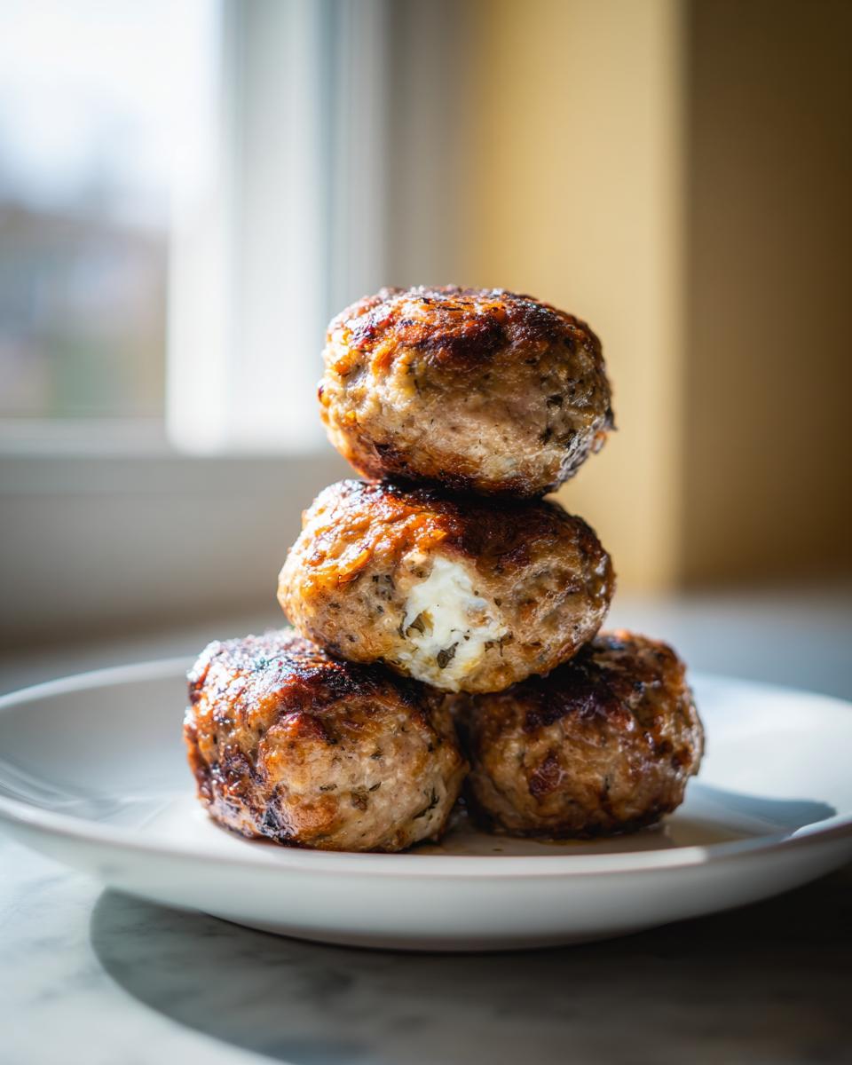 Three golden-brown feta stuffed greek chicken meatballs stacked on a white plate, one showing the melted feta filling.