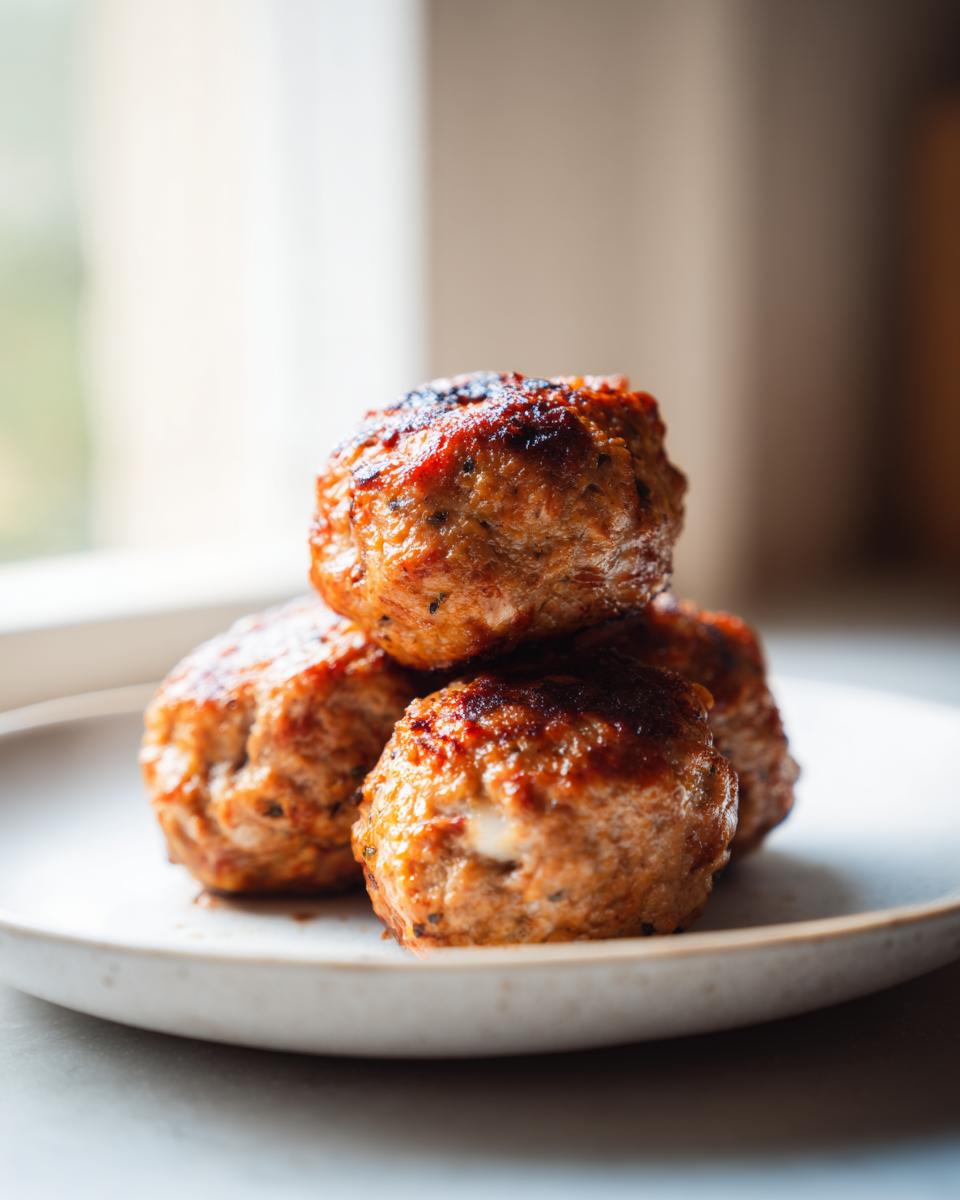 A stack of four perfectly browned feta stuffed greek chicken meatballs resting on a light ceramic plate.