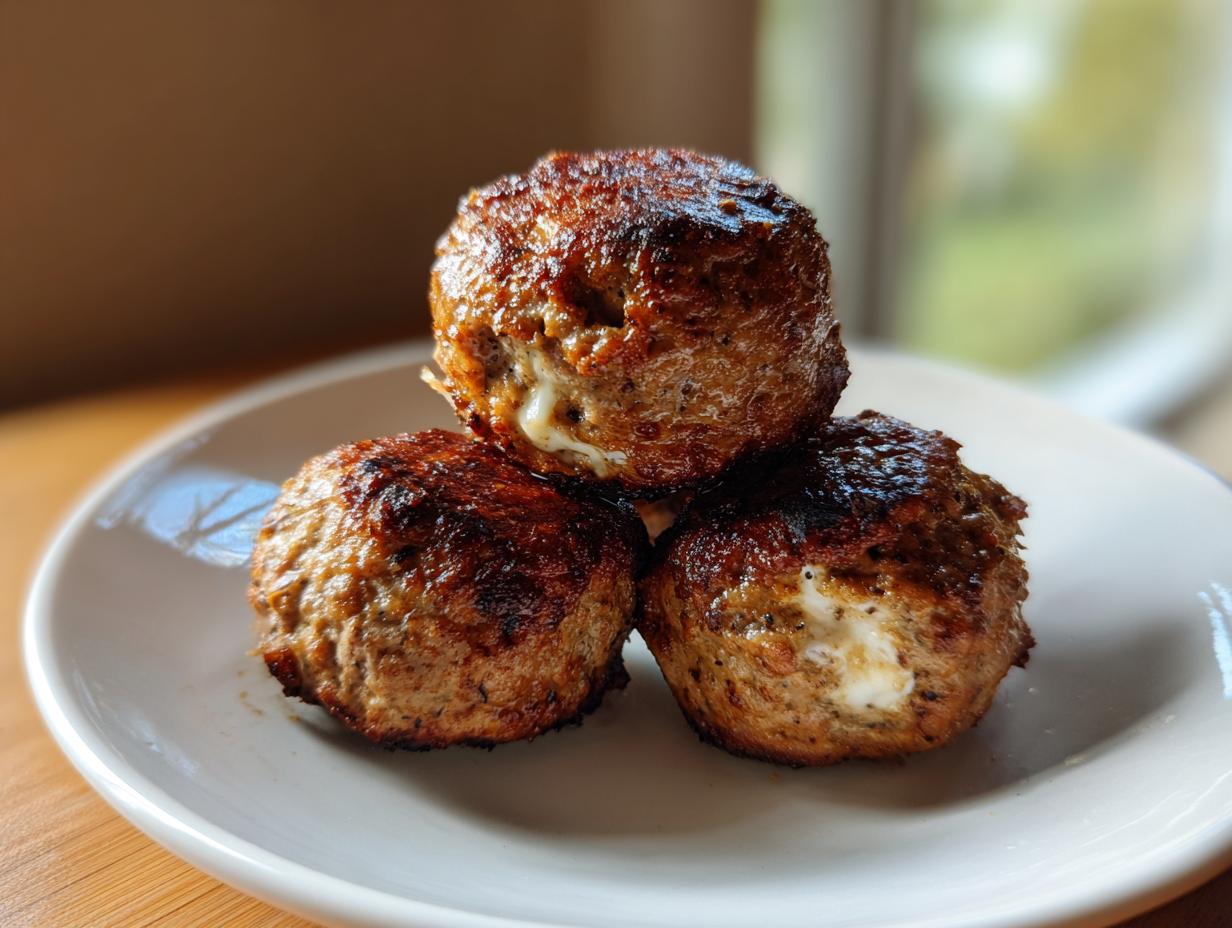 Three golden-brown, seared feta stuffed greek chicken meatballs stacked on a small white plate.