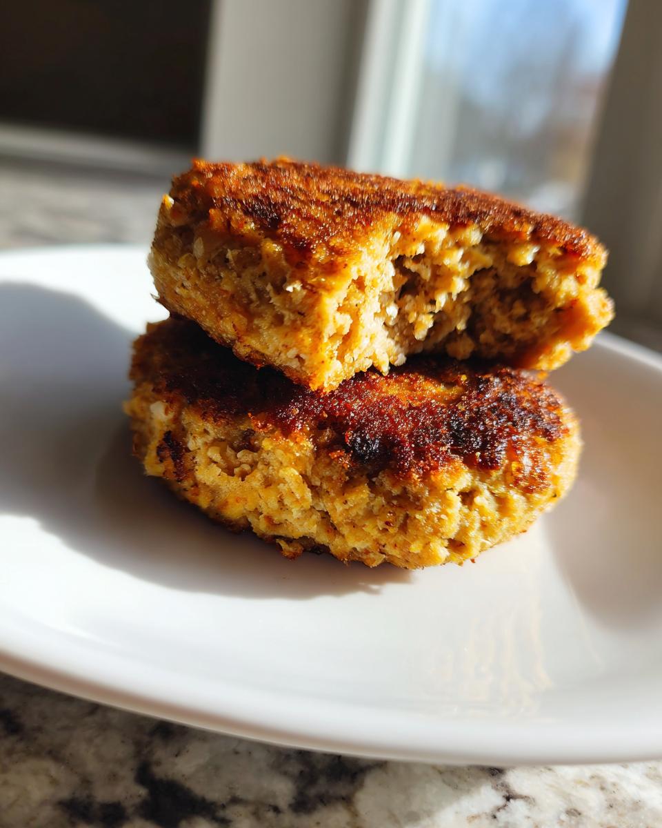 Two golden brown baked salmon patties stacked, with the top one broken open to show the flaky texture inside.