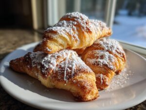 A stack of golden brown pecan pie crescents generously dusted with powdered sugar and drizzled with icing.