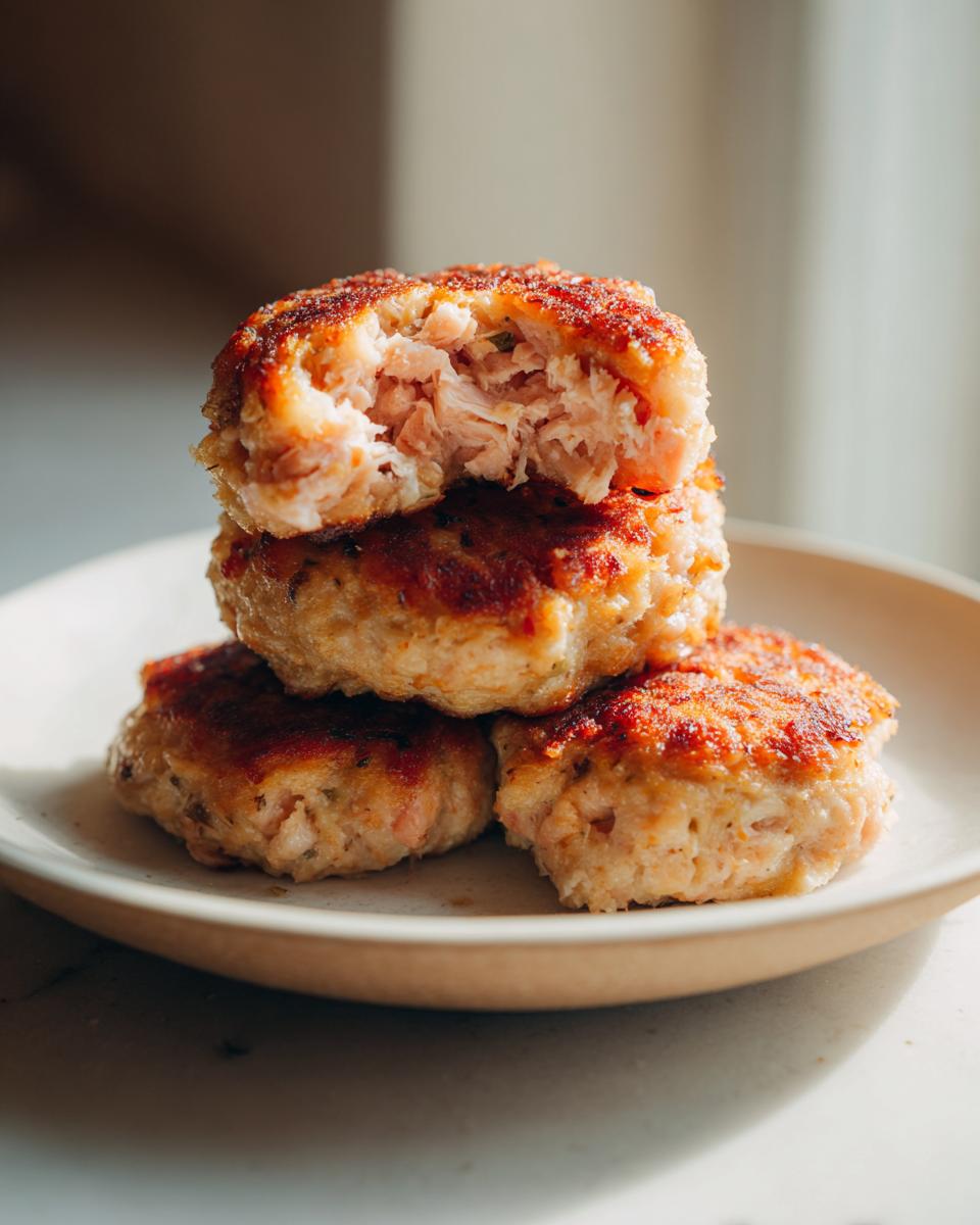Close-up of three golden-brown salmon patties stacked on a plate, with the top one broken open to show the flaky interior.