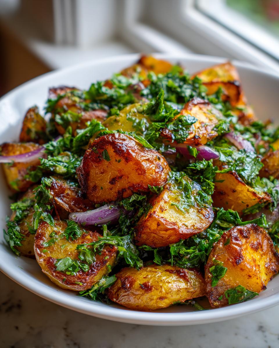 Close-up of crispy, golden roasted potato salad mixed with fresh green herbs and slices of red onion.