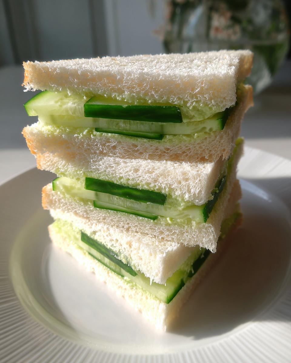 A stack of three triangular cucumber sandwiches made with soft white bread and fresh cucumber slices, perfect cucumber sandwiches.
