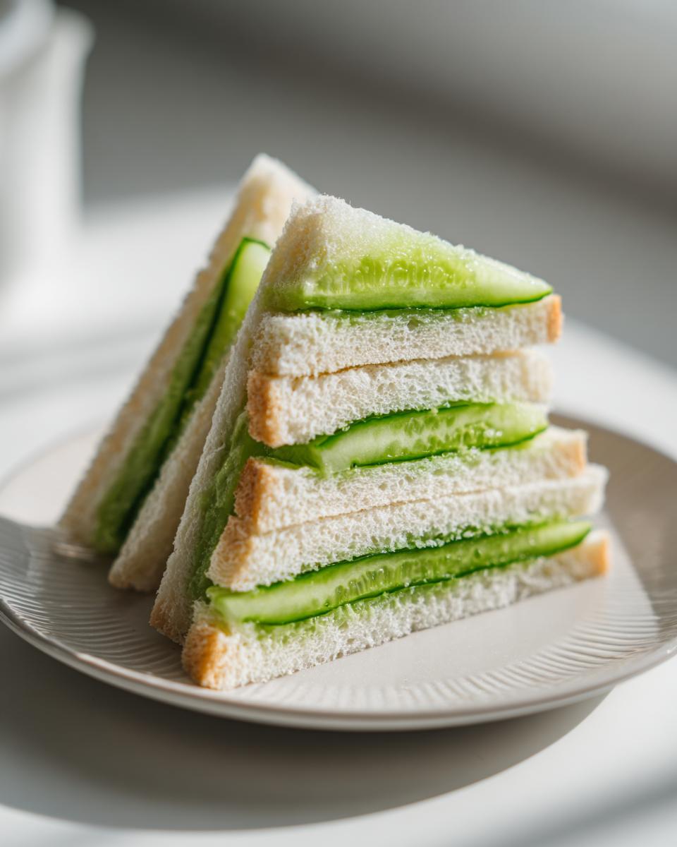 A stack of four triangular cucumber sandwiches made with soft white bread and thin cucumber slices, served on a light plate.