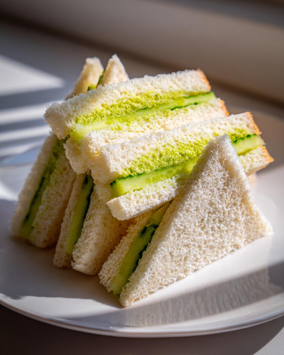 A stack of crustless, triangular cucumber sandwiches with bright green filling and fresh cucumber slices.