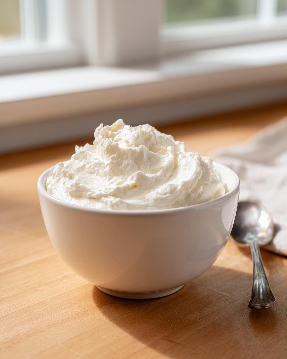 A white bowl filled with fluffy, creamy easy fruit dip, sitting on a wooden surface near a window.