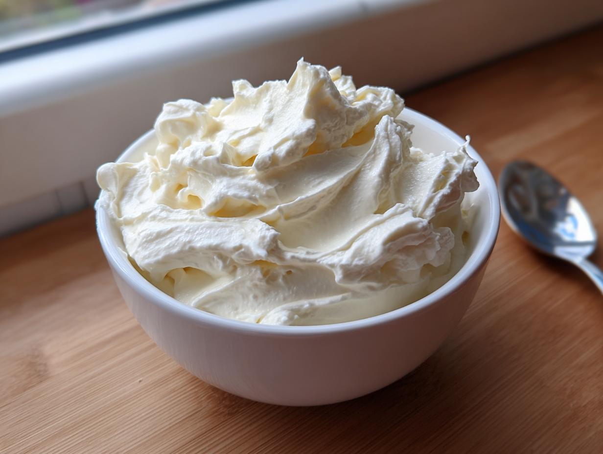 A close-up of a white bowl filled with thick, fluffy easy fruit dip, set on a wooden surface.