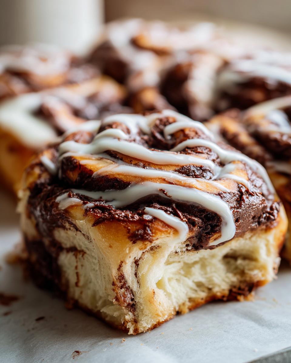 Close-up of a fluffy nutella roll pulled apart, showing soft dough and rich chocolate filling, drizzled with white icing.