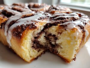 Close-up of a fluffy baked good showing the soft interior and rich chocolate filling of the nutella rolls, drizzled with white icing.