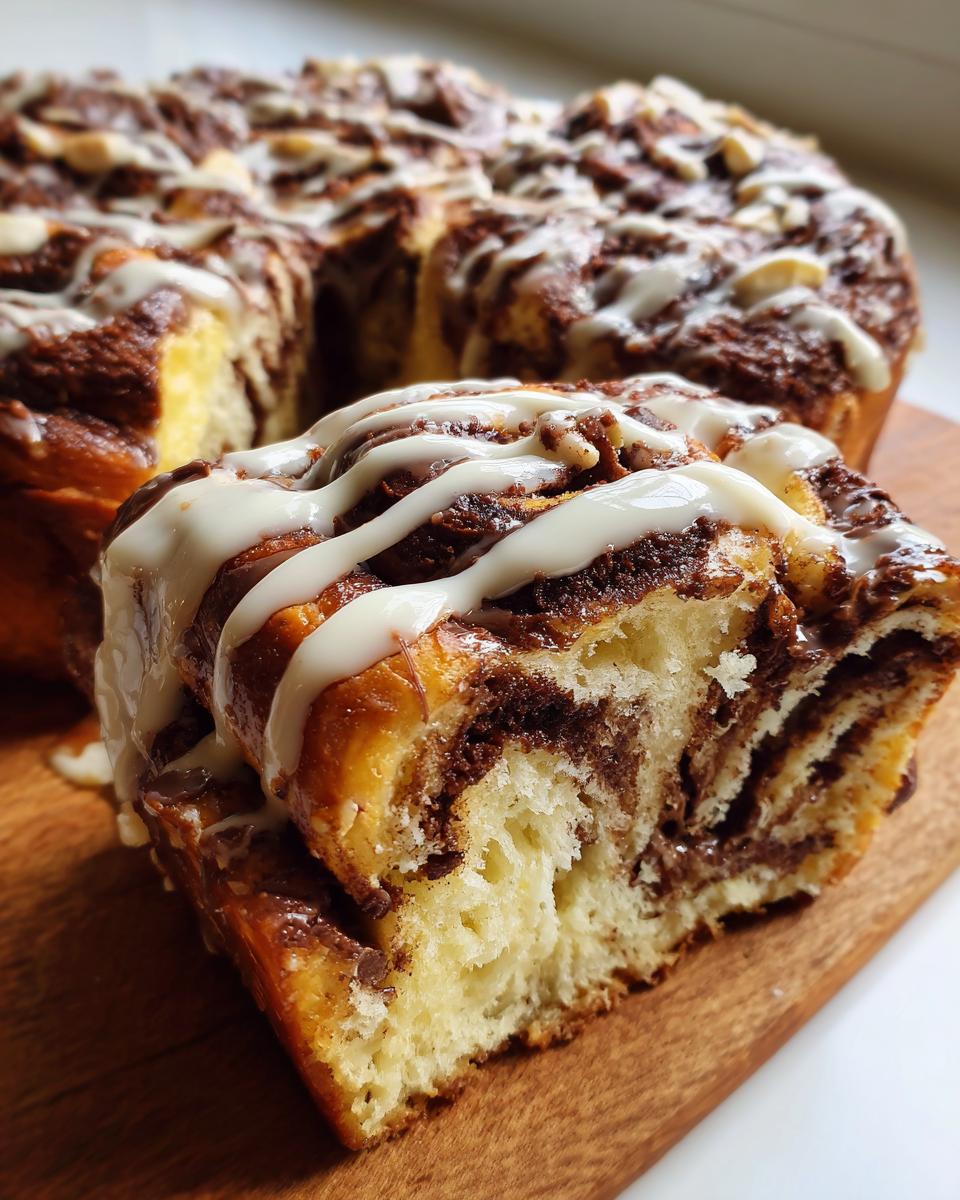 Close-up of a fluffy, sliced Nutella Rolls piece showing the swirled chocolate filling and thick white icing drizzle.