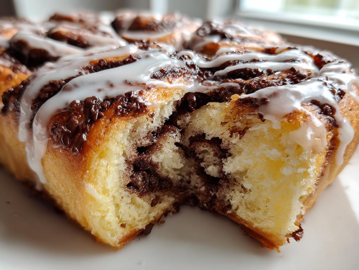 Close-up of a fluffy baked good showing the soft interior and rich chocolate filling of the nutella rolls, drizzled with white icing.