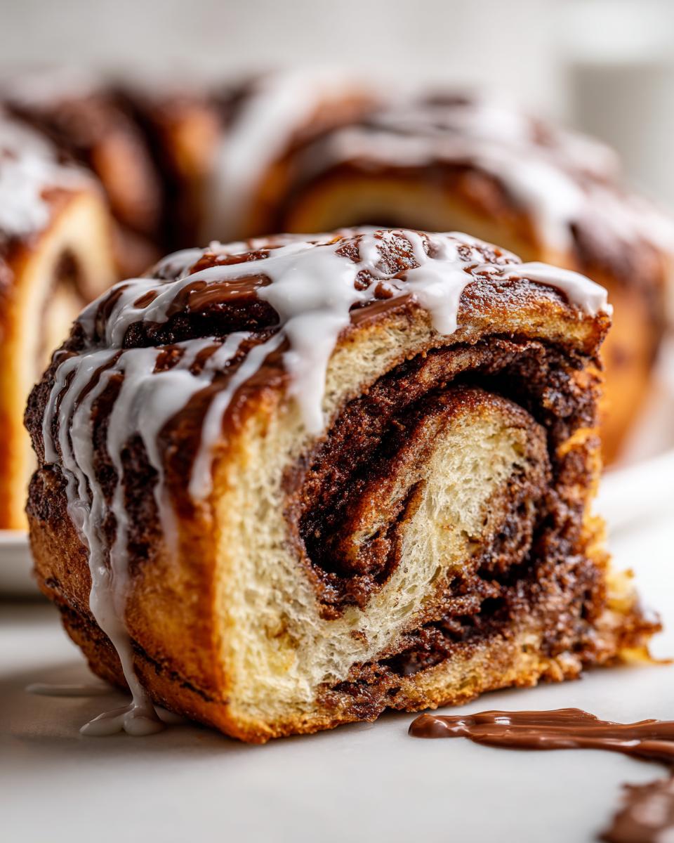 Close-up of a fluffy slice of Nutella rolls showing the rich chocolate swirl and white icing drizzle.