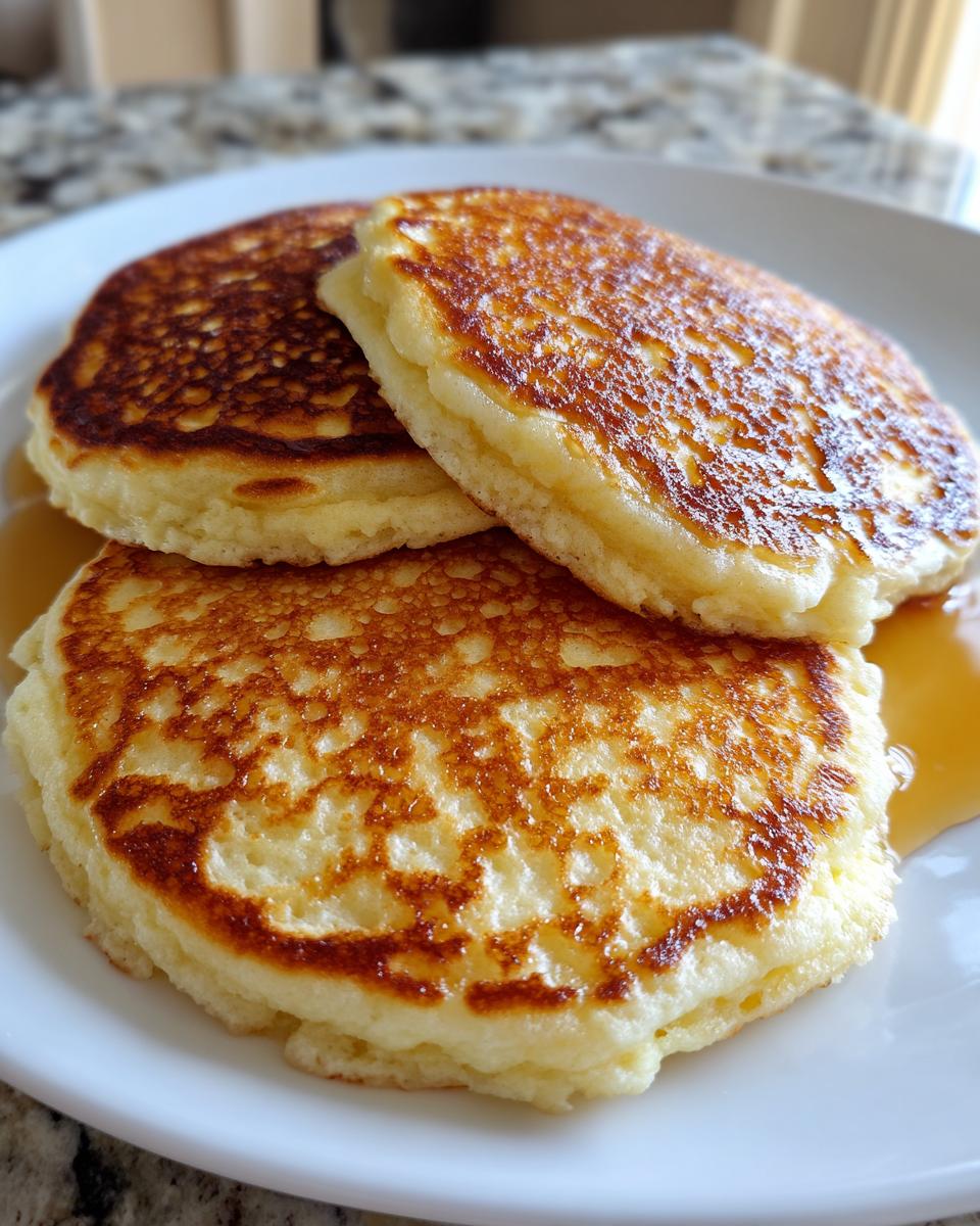Close-up of three fluffy pancakes from scratch stacked on a white plate with maple syrup pooling underneath.