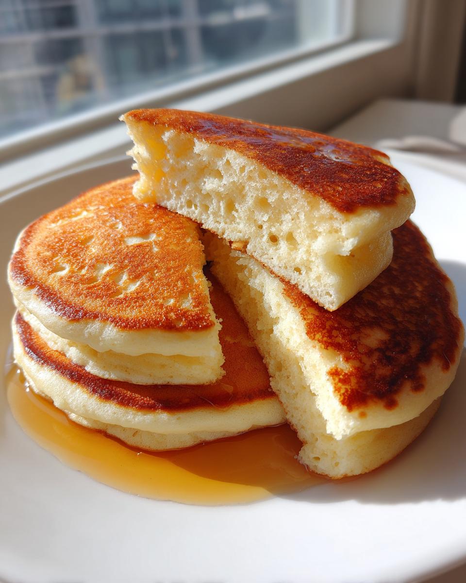 Close-up of a stack of fluffy pancakes from scratch, cut open to show the airy interior, drizzled with syrup.