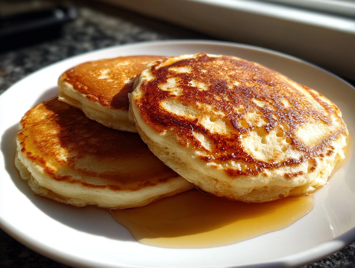 A stack of three golden brown, fluffy pancakes from scratch drizzled with maple syrup on a white plate.