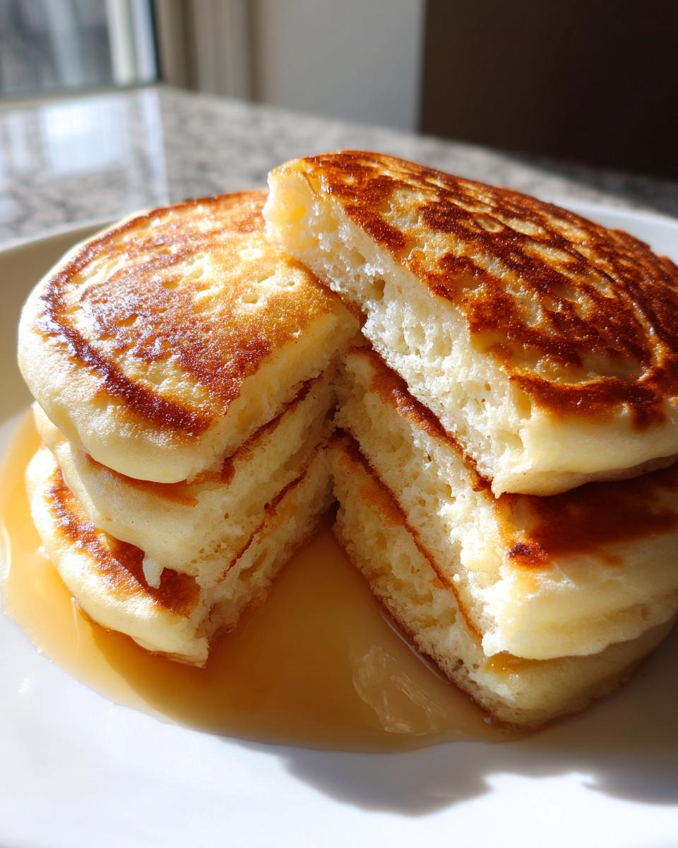 Close-up of fluffy pancakes from scratch stacked on a white plate, cut open to show the texture, drizzled with maple syrup.