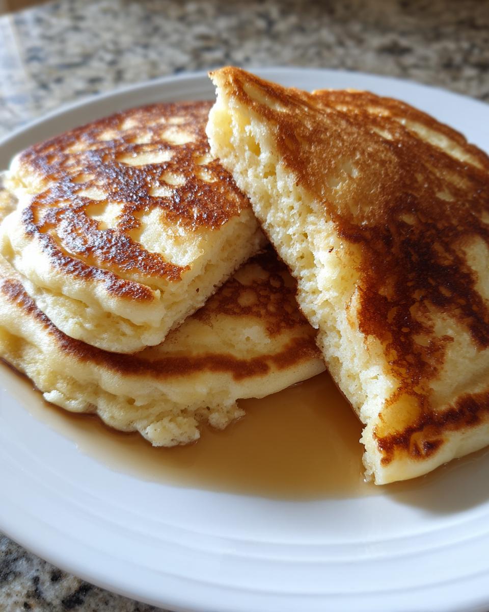 Close-up of fluffy pancakes from scratch stacked on a white plate, drizzled with maple syrup.