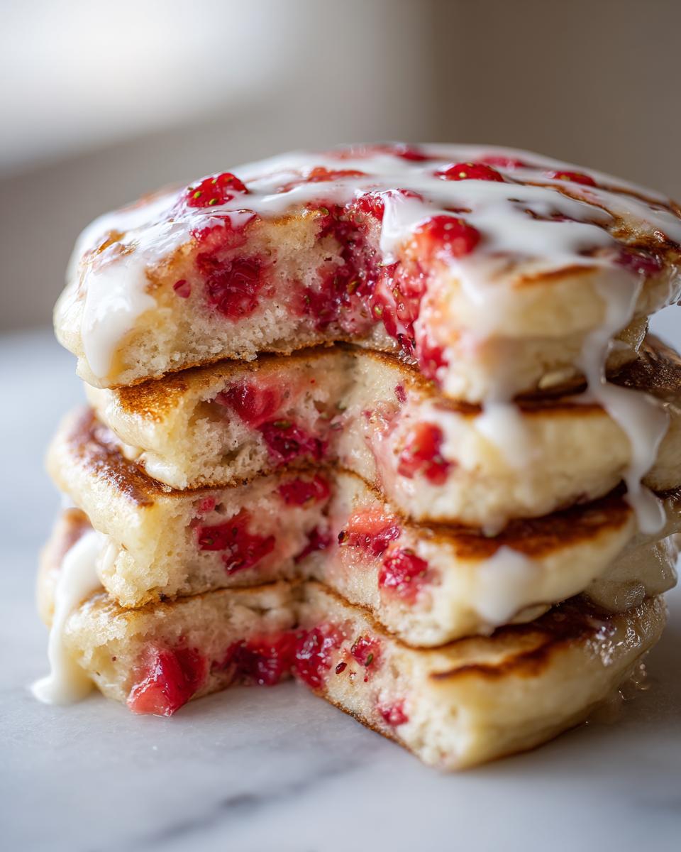 A close-up of a stack of fluffy strawberry cheesecake pancakes cut open, revealing pink strawberry filling and topped with a white glaze.
