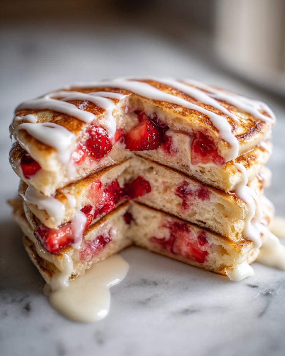 A stack of fluffy strawberry cheesecake pancakes cut in half, revealing strawberry filling and drizzled with white glaze.