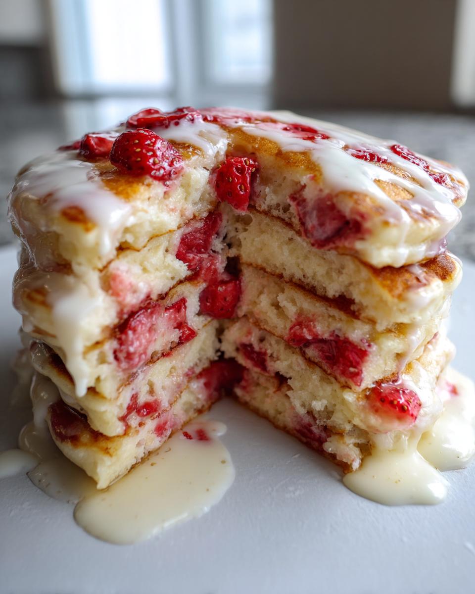 A tall stack of fluffy strawberry cheesecake pancakes cut in half, showing layers filled with strawberries and drizzled with cream cheese glaze.
