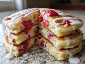 Cross-section view of a stack of fluffy strawberry cheesecake pancakes drizzled with cream cheese frosting.