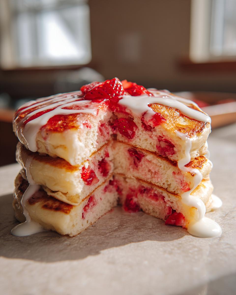 A stack of three fluffy strawberry cheesecake pancakes cut in half, showing strawberries inside and drizzled with white icing.