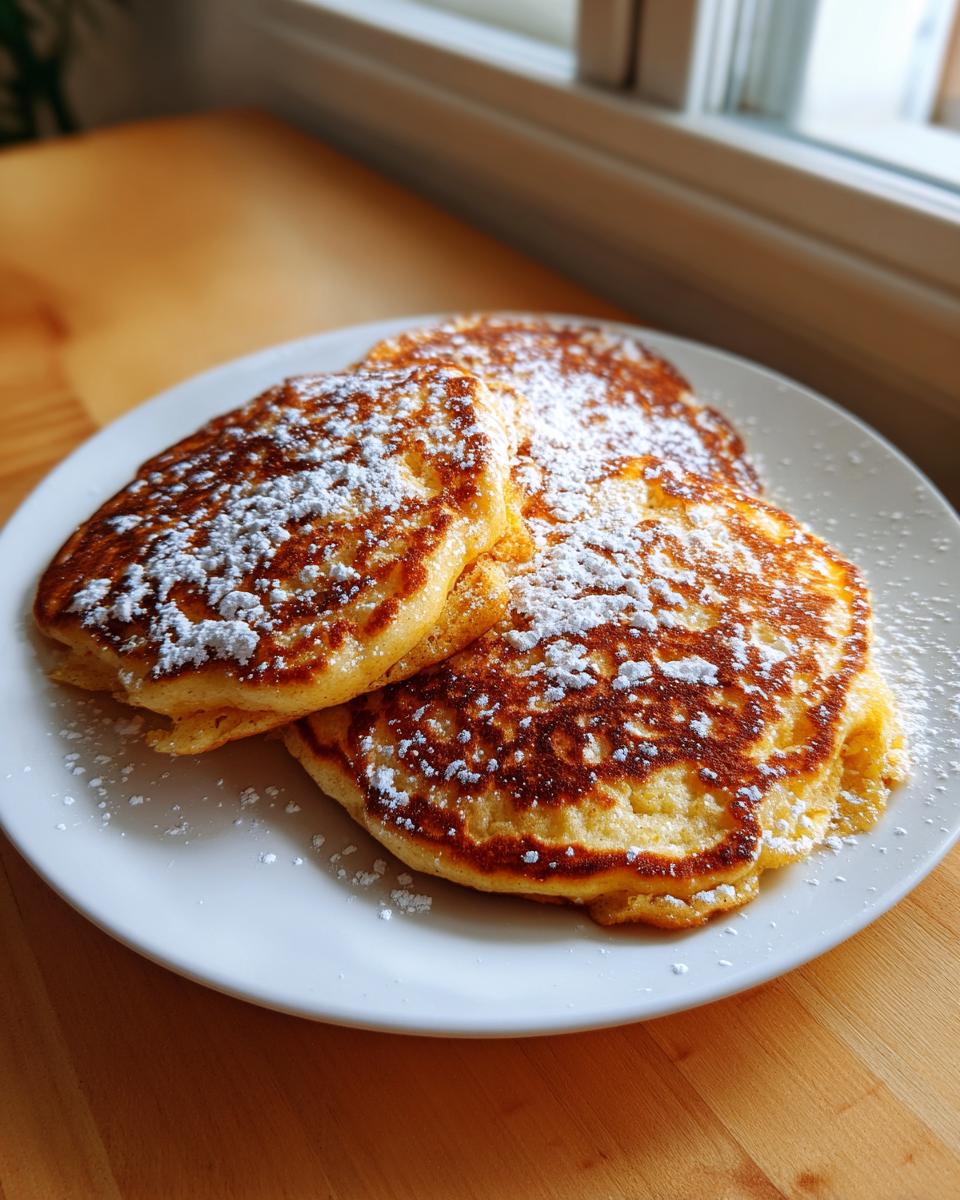Three golden brown sweet potato pancakes stacked on a white plate and generously topped with powdered sugar.