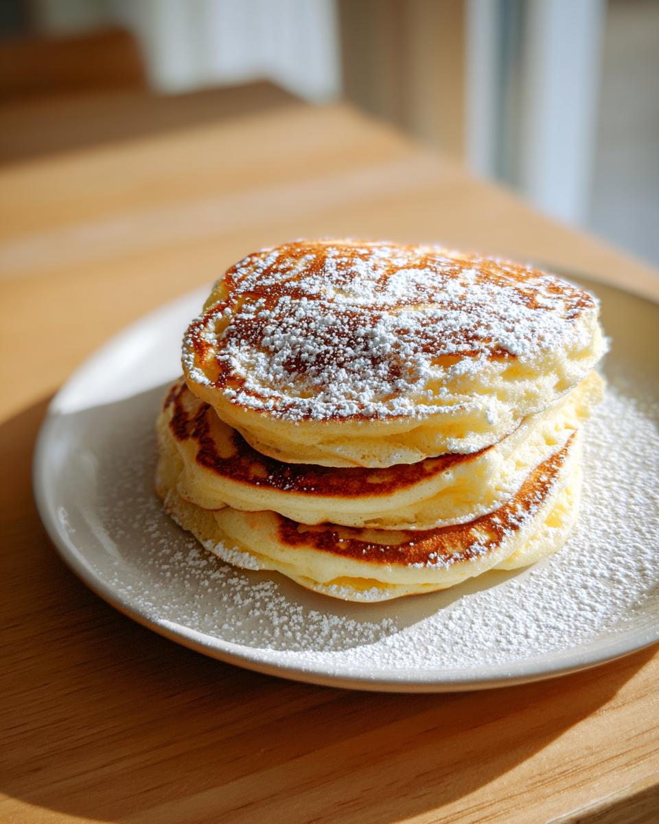 A stack of three fluffy pancakes, likely sweet potato pancakes, dusted heavily with powdered sugar on a white plate.