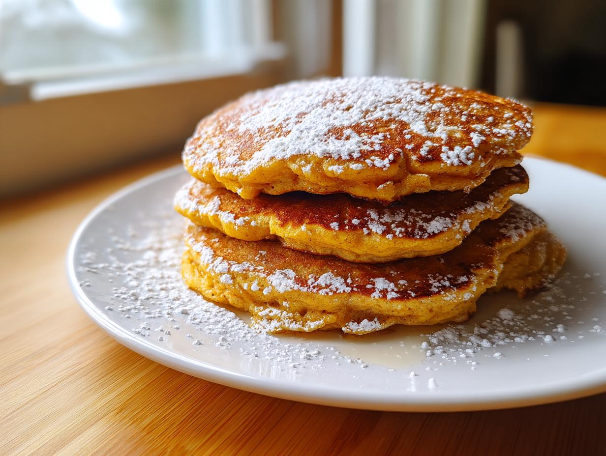 A close-up of a stack of three golden sweet potato pancakes dusted heavily with powdered sugar.