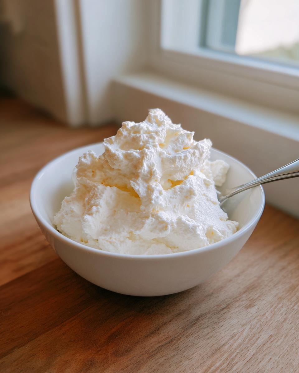 A white bowl filled with fluffy whipped cream, ready to be used as an easy fruit dip.