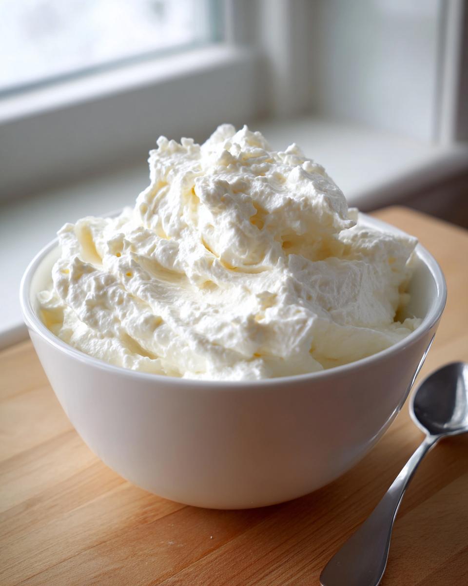 A bowl overflowing with freshly whipped cream, perfect for an easy fruit dip.